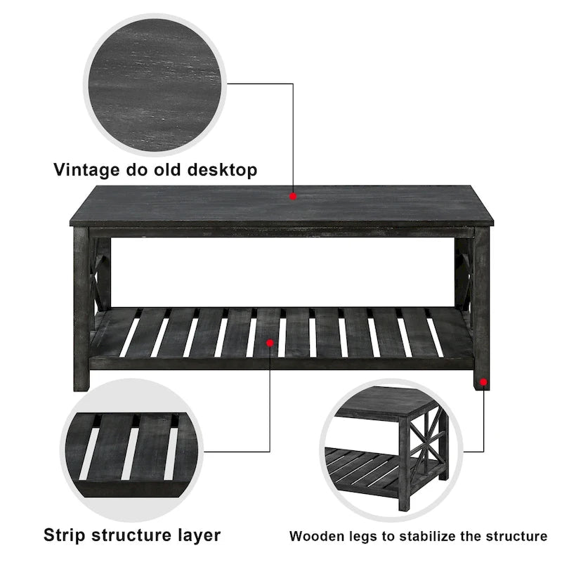 Tavolino da caffè rustico con struttura a X Antique Black / Antique Brown