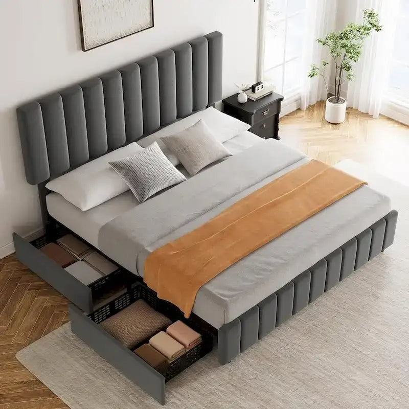 Struttura letto matrimoniale in lino grigio con 4 cassetti, 2 persone