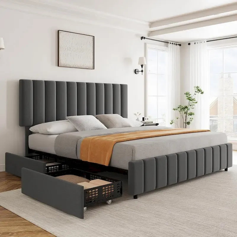 Struttura letto matrimoniale in lino grigio con 4 cassetti, 2 persone