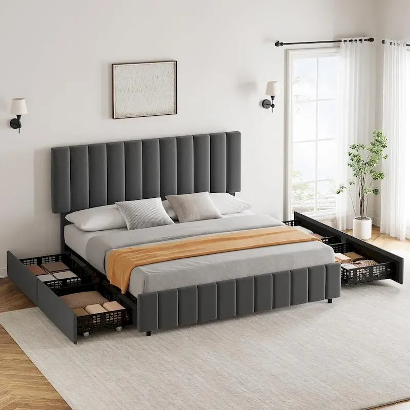 Struttura letto matrimoniale in lino grigio con 4 cassetti, 2 persone