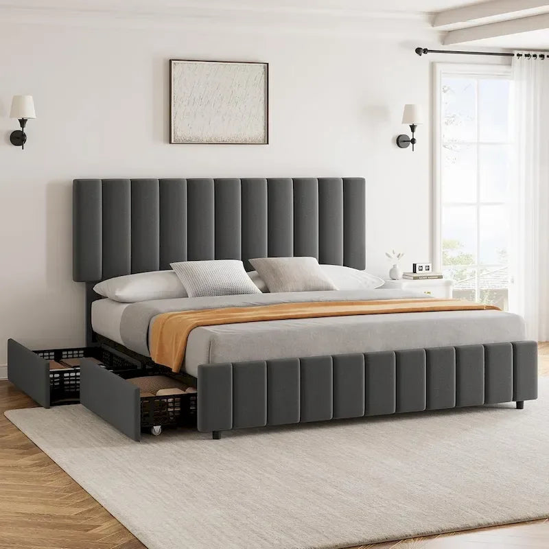 Struttura letto matrimoniale in lino grigio con 4 cassetti, 2 persone