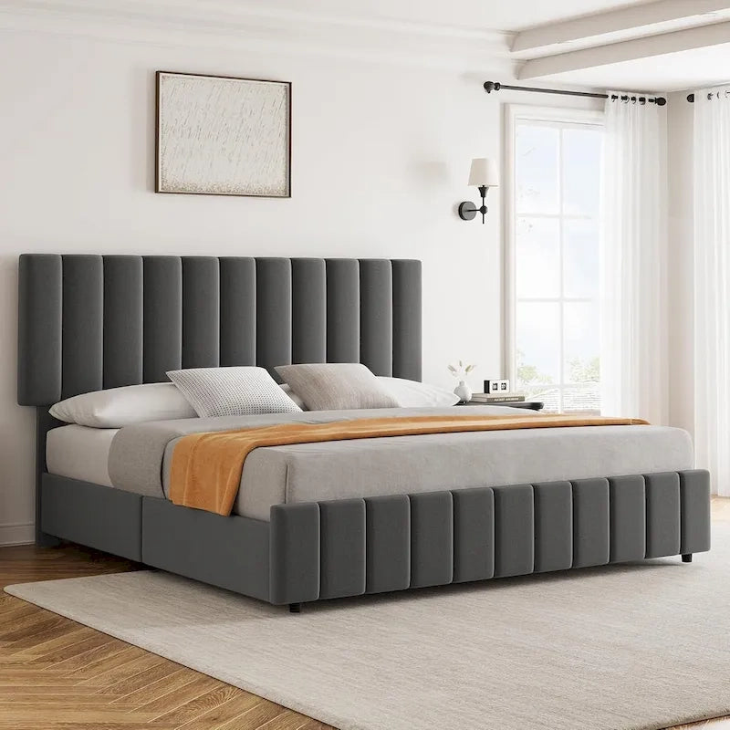 Struttura letto matrimoniale in lino grigio con 4 cassetti, 2 persone