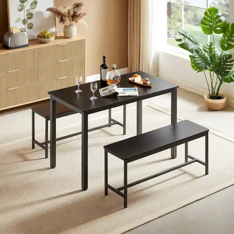 Set tavolo da pranzo industriale nero con 2 panche, 4 posti