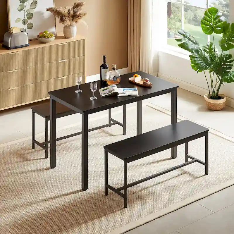 Set tavolo da pranzo industriale nero con 2 panche, 4 posti