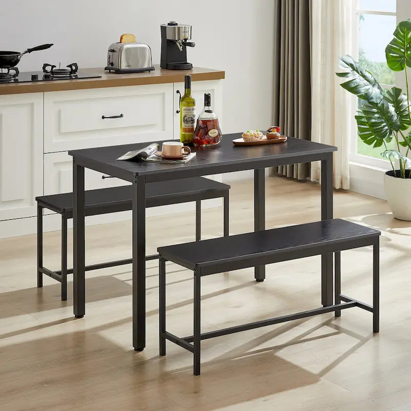 Set tavolo da pranzo industriale nero con 2 panche, 4 posti