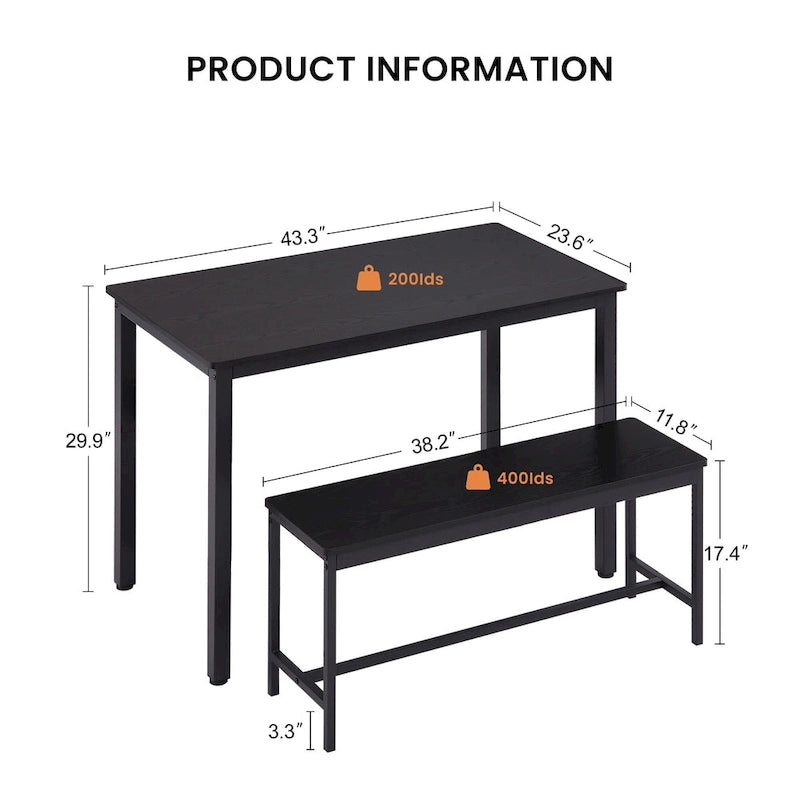 Set tavolo da pranzo industriale nero con 2 panche, 4 posti