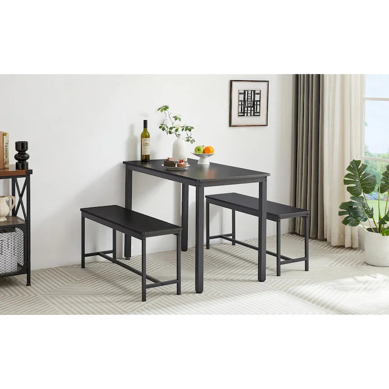 Set tavolo da pranzo industriale nero con 2 panche, 4 posti