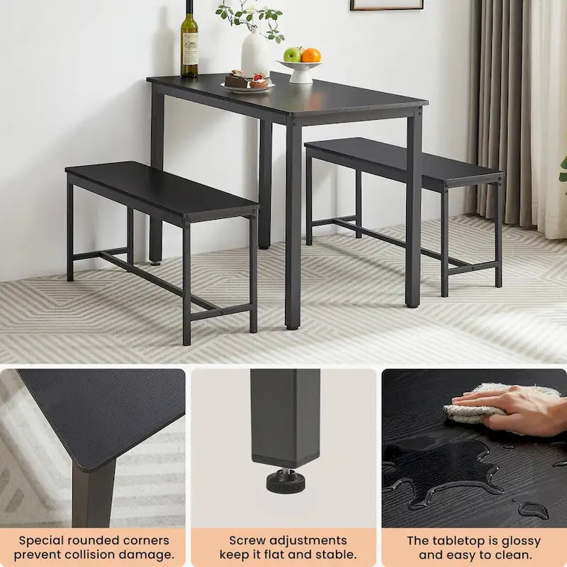 Set tavolo da pranzo industriale nero con 2 panche, 4 posti