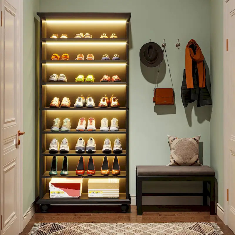 Scarpiera Alta a 9 Ripiani con Illuminazione a LED, Bianco/Nero/Rovere, Contiene 30 Paia