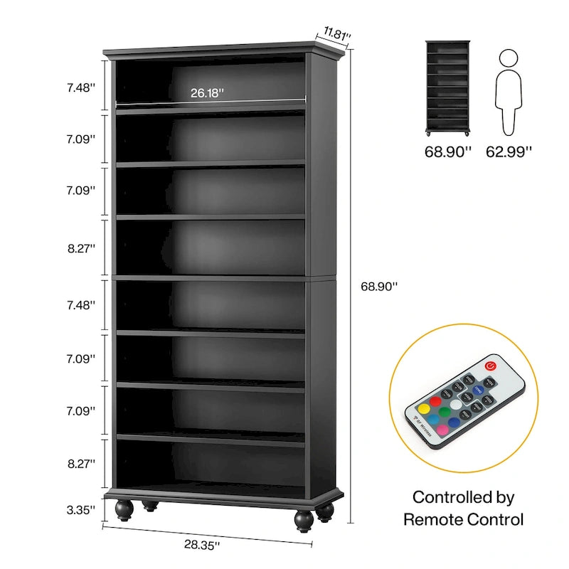 Scarpiera Alta a 9 Ripiani con Illuminazione a LED, Bianco/Nero/Rovere, Contiene 30 Paia