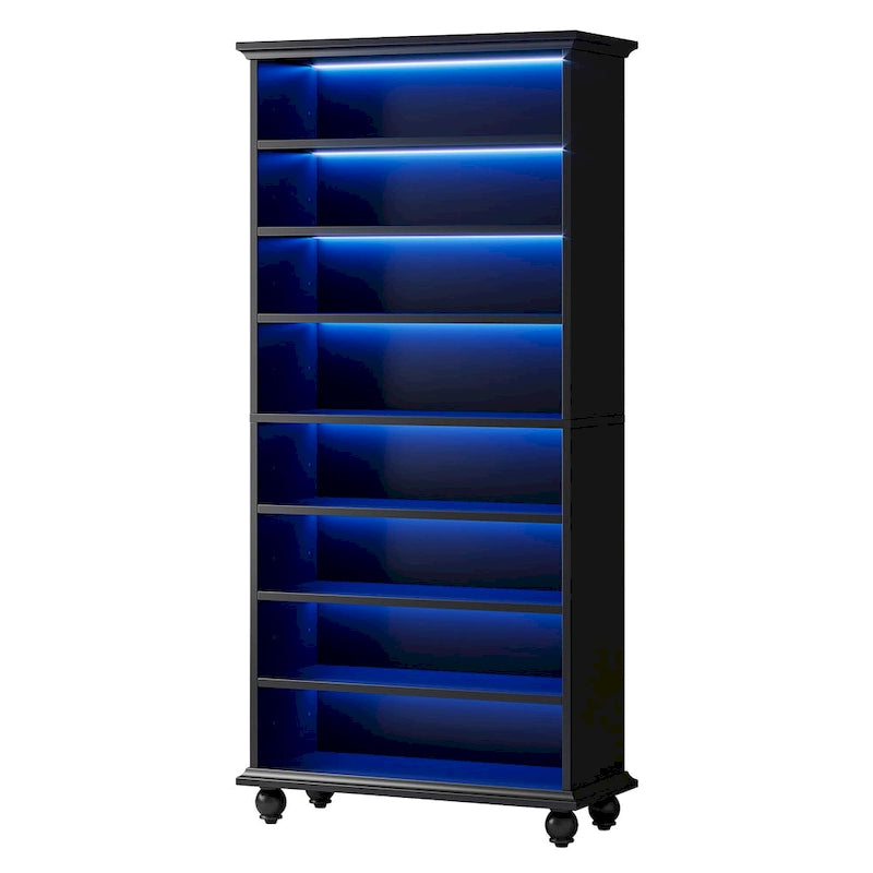 Scarpiera Alta a 9 Ripiani con Illuminazione a LED, Bianco/Nero/Rovere, Contiene 30 Paia
