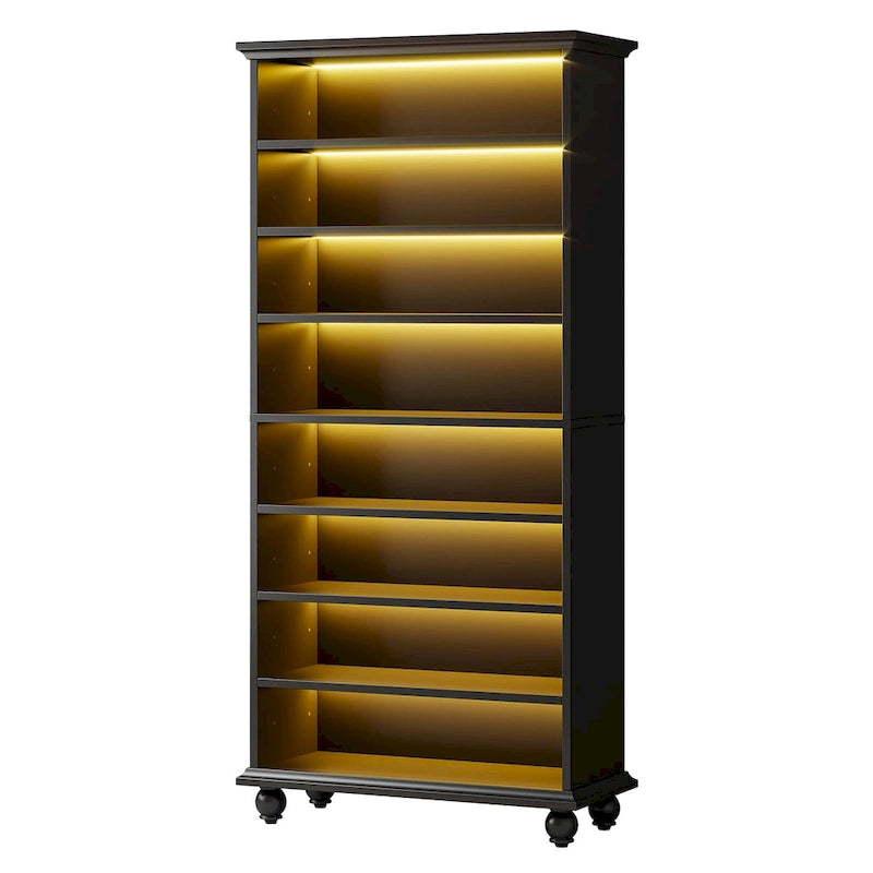 Scarpiera Alta a 9 Ripiani con Illuminazione a LED, Bianco/Nero/Rovere, Contiene 30 Paia