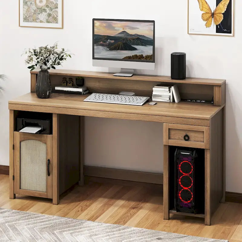 Scrivania monoposto in stile rustico, con cassetto, armadietto e prese di corrente