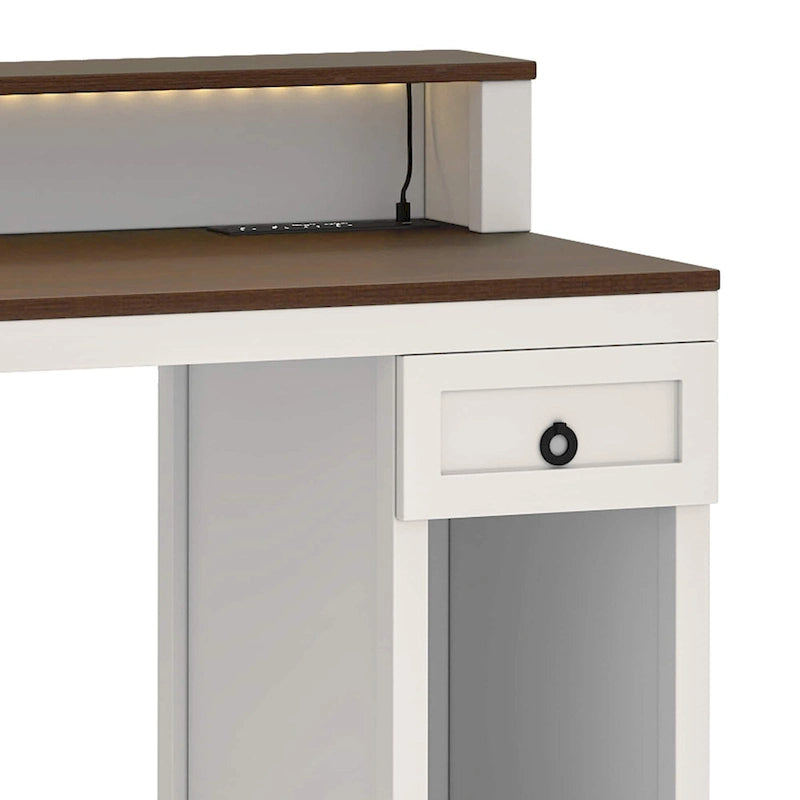 Scrivania monoposto in stile rustico, con cassetto, armadietto e prese di corrente