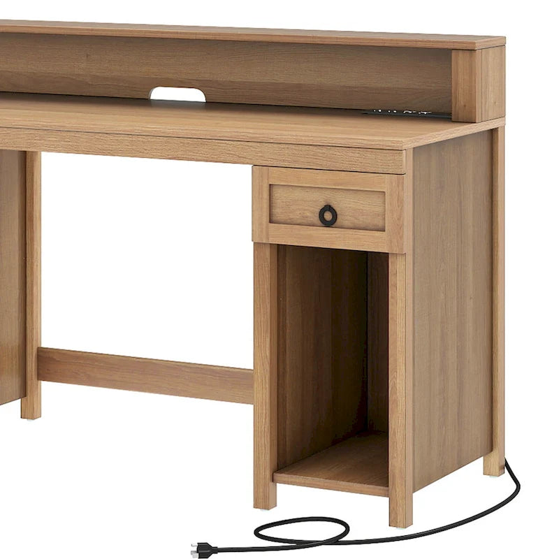 Scrivania monoposto in stile rustico, con cassetto, armadietto e prese di corrente