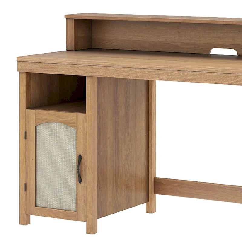 Scrivania monoposto in stile rustico, con cassetto, armadietto e prese di corrente