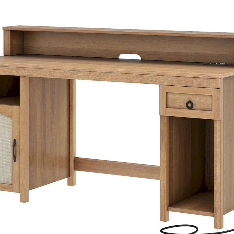 Scrivania monoposto in stile rustico, con cassetto, armadietto e prese di corrente
