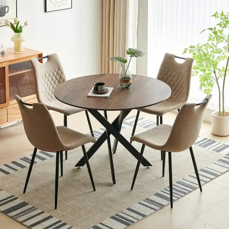 Set da pranzo di 5 pezzi in marrone beige, tavolo rotondo e 4 sedie a griglia, per 4-6 persone