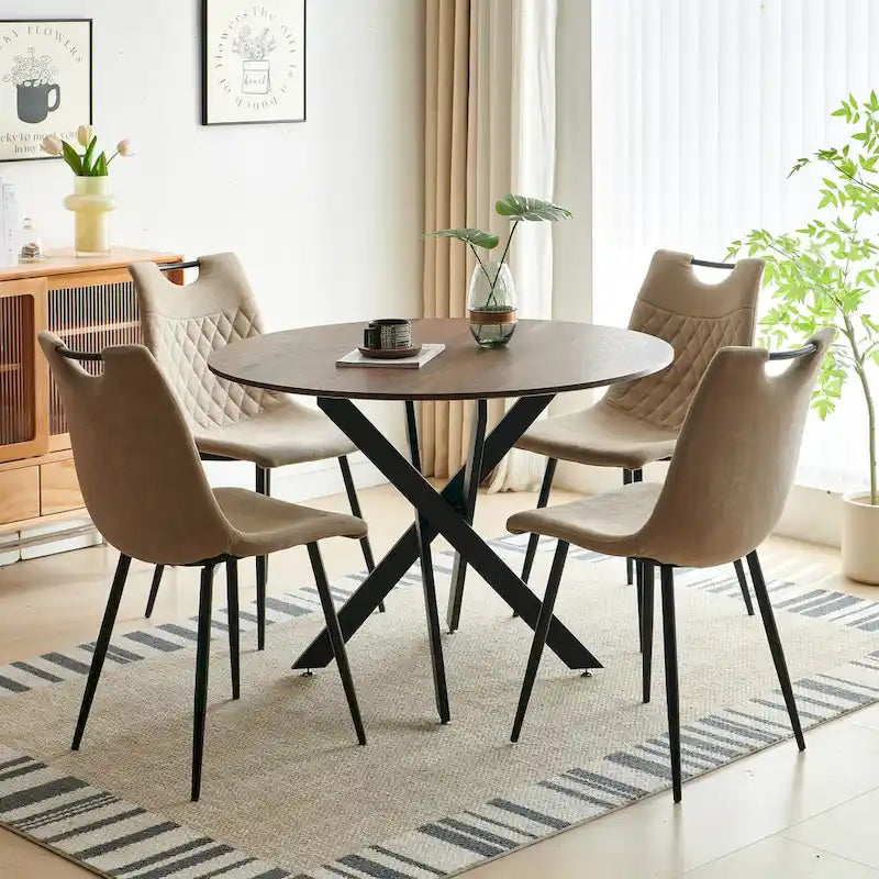 Set da pranzo di 5 pezzi in marrone beige, tavolo rotondo e 4 sedie a griglia, per 4-6 persone