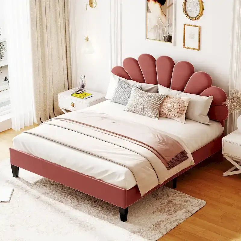 Letto a piattaforma Queen con testiera floreale in velluto rosso, adatto a 2 persone
