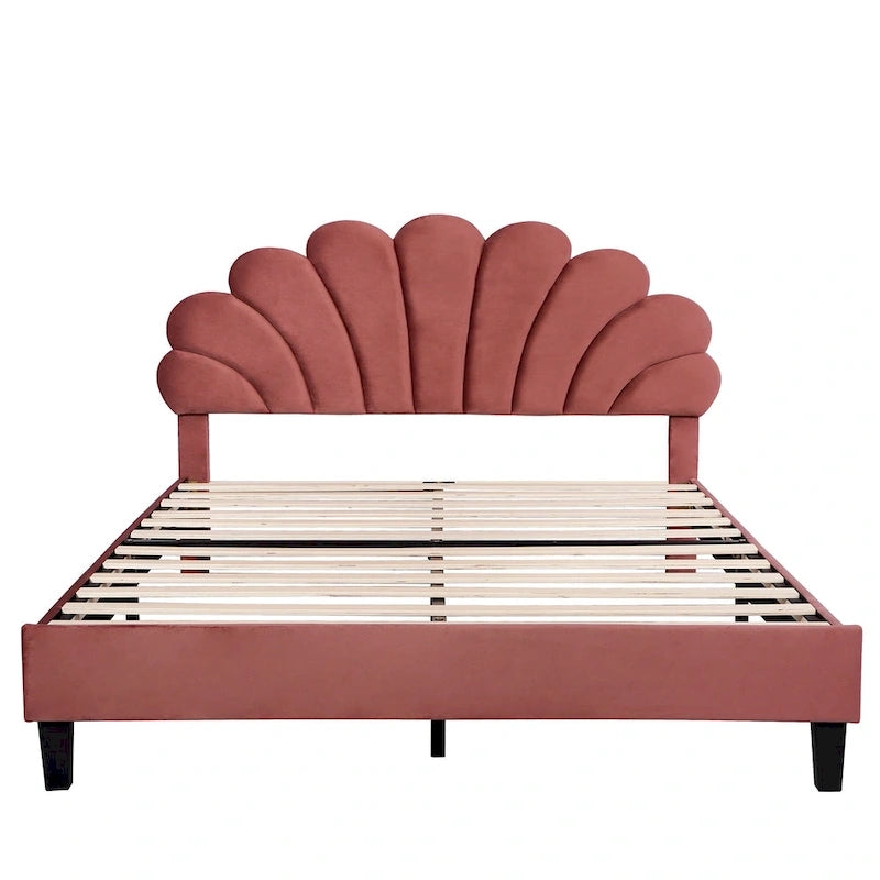 Letto a piattaforma Queen con testiera floreale in velluto rosso, adatto a 2 persone