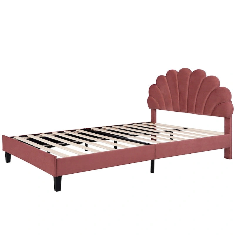 Letto a piattaforma Queen con testiera floreale in velluto rosso, adatto a 2 persone