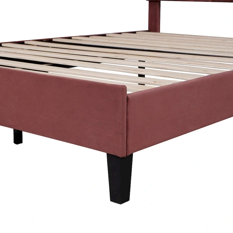 Letto a piattaforma Queen con testiera floreale in velluto rosso, adatto a 2 persone