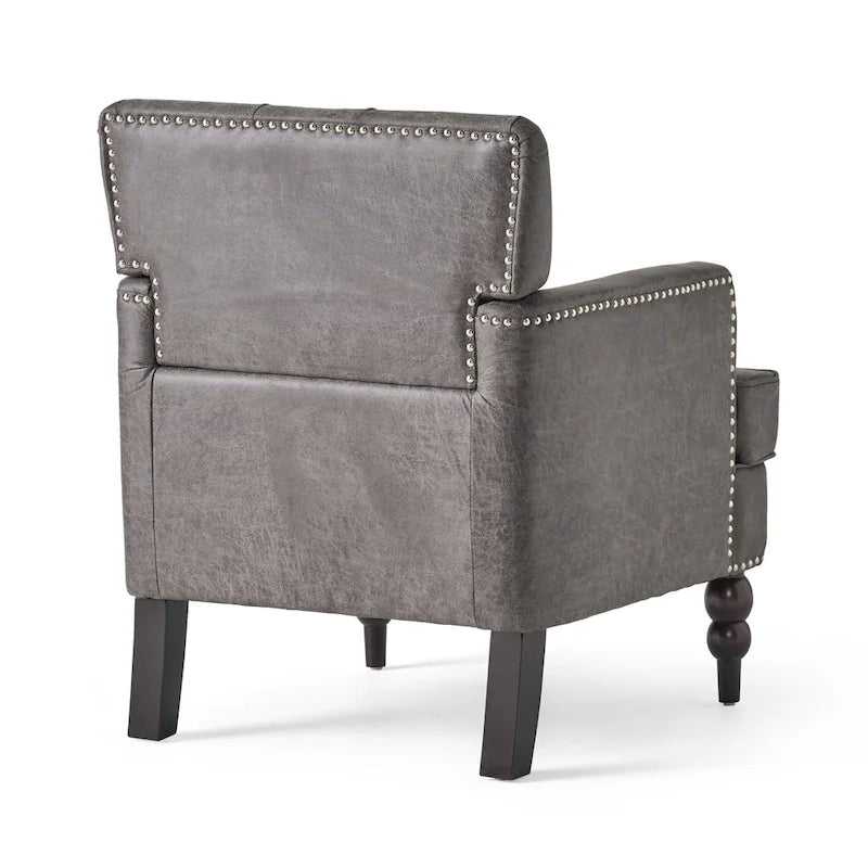 Poltrona club monoposto in microfibra grigio-marrone/ardesia, con bottoni trapuntati