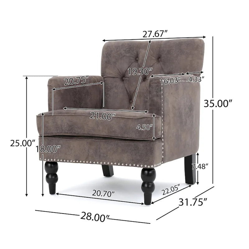 Poltrona club monoposto in microfibra grigio-marrone/ardesia, con bottoni trapuntati