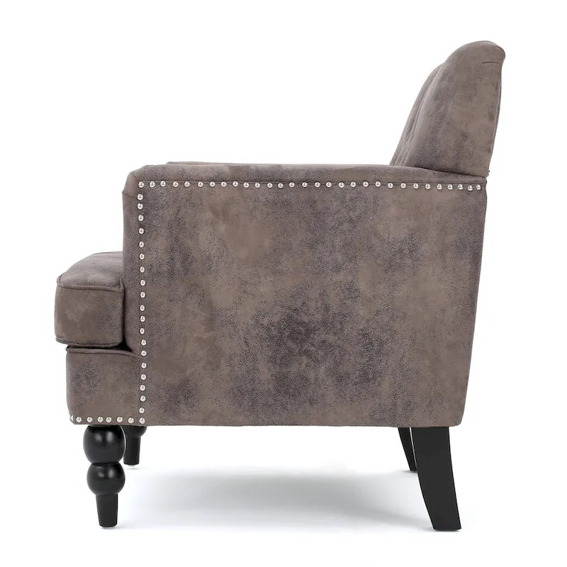 Poltrona club monoposto in microfibra grigio-marrone/ardesia, con bottoni trapuntati