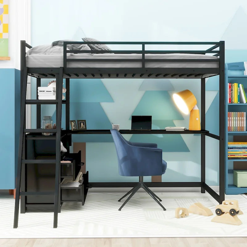 Letto a soppalco singolo bianco/nero con scrivania, mensole e cassetti – 1 persona