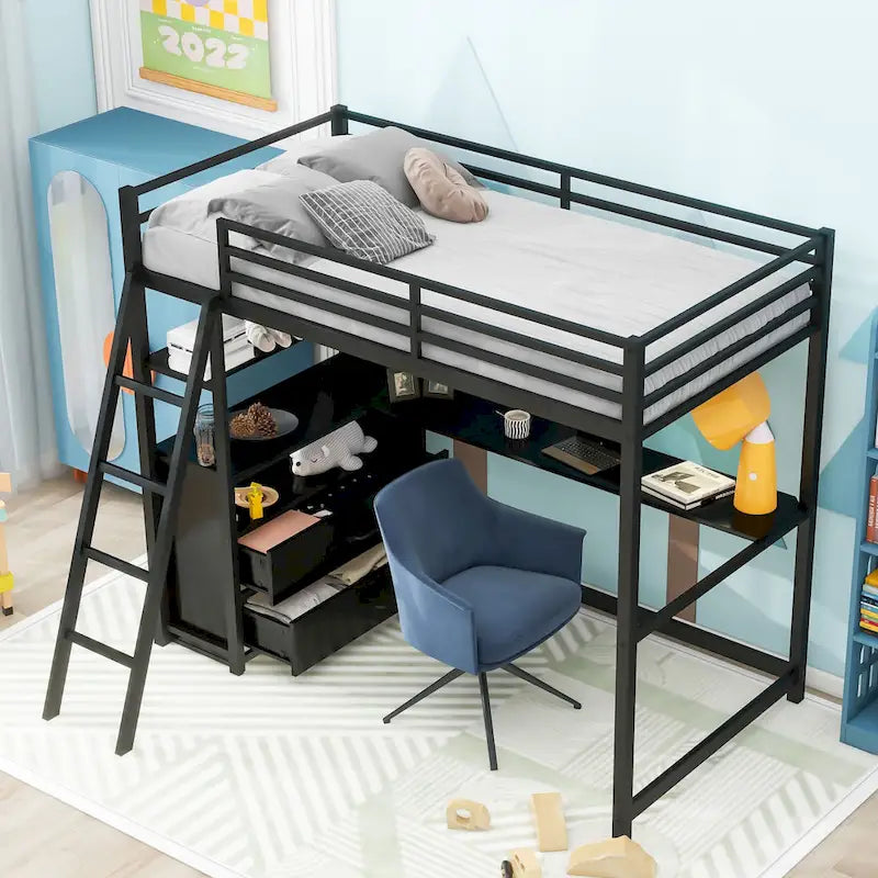 Letto a soppalco singolo bianco/nero con scrivania, mensole e cassetti – 1 persona