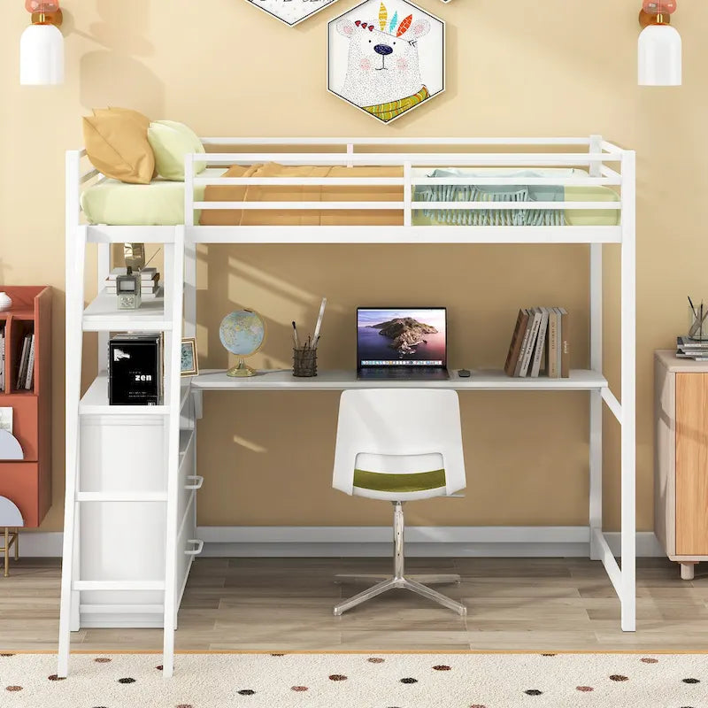 Letto a soppalco singolo bianco/nero con scrivania, mensole e cassetti – 1 persona