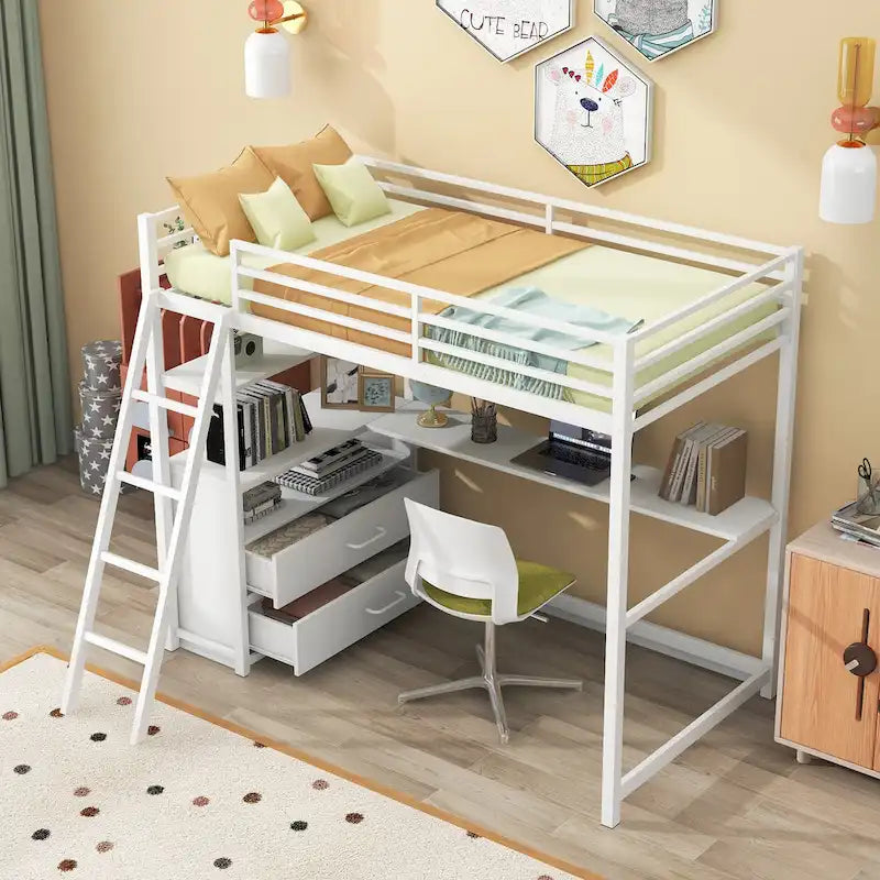 Letto a soppalco singolo bianco/nero con scrivania, mensole e cassetti – 1 persona