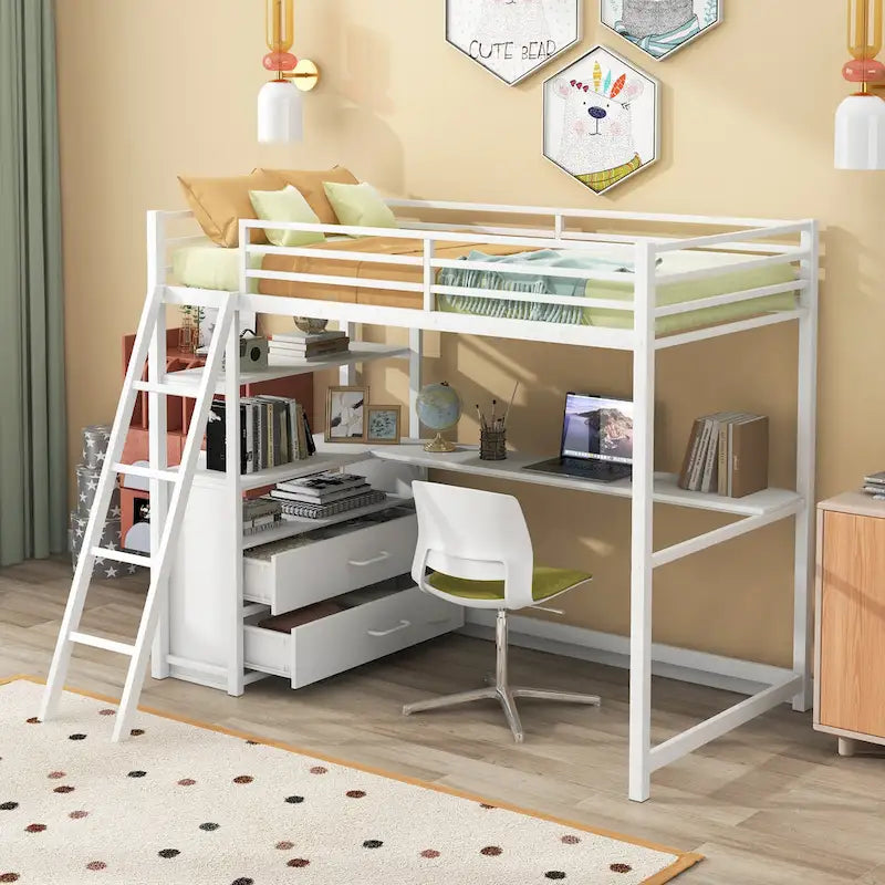 Letto a soppalco singolo bianco/nero con scrivania, mensole e cassetti – 1 persona