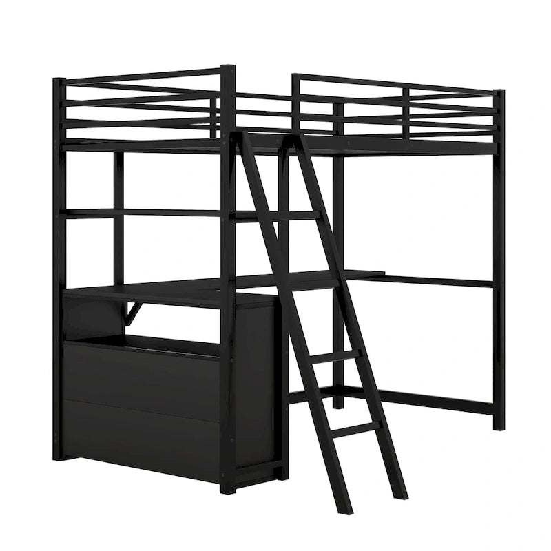 Letto a soppalco singolo bianco/nero con scrivania, mensole e cassetti – 1 persona