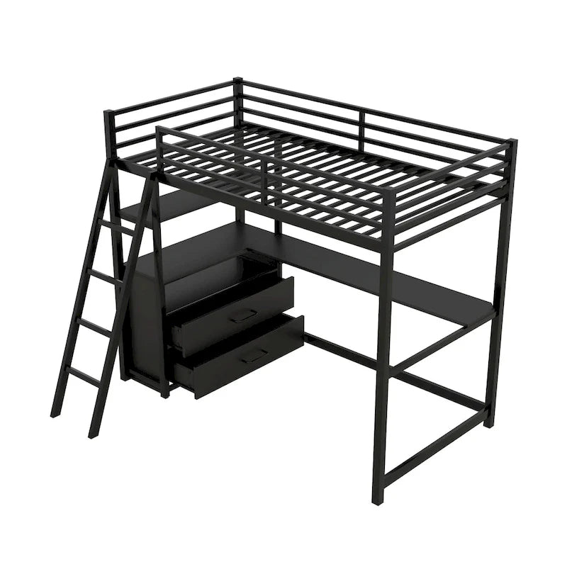 Letto a soppalco singolo bianco/nero con scrivania, mensole e cassetti – 1 persona
