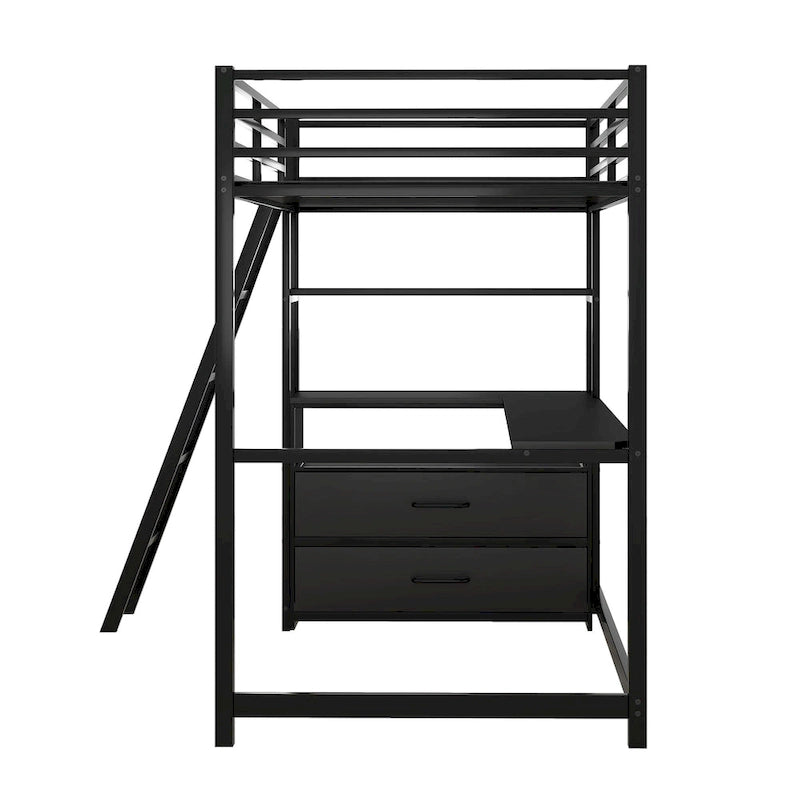 Letto a soppalco singolo bianco/nero con scrivania, mensole e cassetti – 1 persona