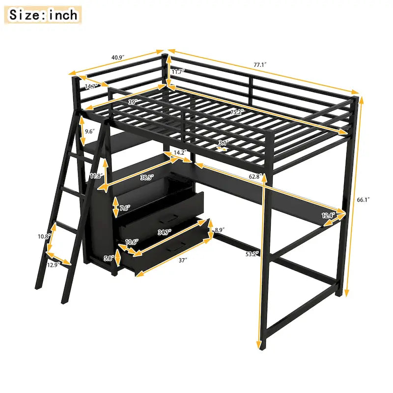 Letto a soppalco singolo bianco/nero con scrivania, mensole e cassetti – 1 persona