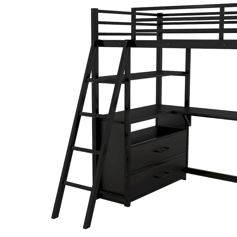 Letto a soppalco singolo bianco/nero con scrivania, mensole e cassetti – 1 persona