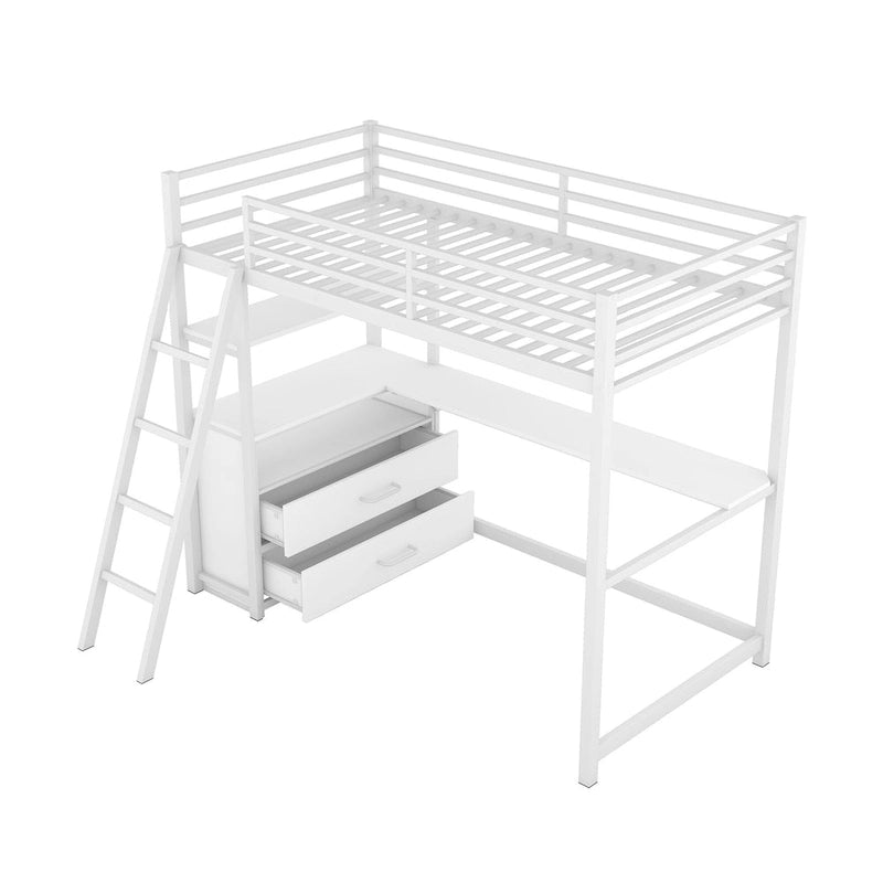 Letto a soppalco singolo bianco/nero con scrivania, mensole e cassetti – 1 persona