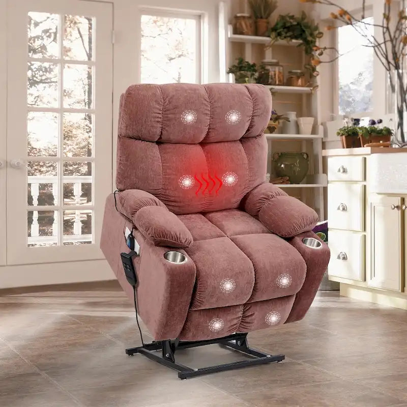 Poltrona reclinabile a poltrone con sollevamento elettrico in ciniglia blu/rosa/rossa, con funzione di riscaldamento e massaggio, singola