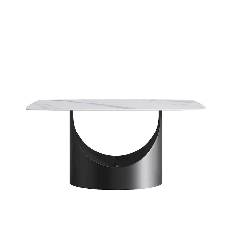 Tavolo da Pranzo Rettangolare in Pietra Sintetizzata Bianca, Base in Acciaio Nero, Posti a Sedere 4–6, 160 cm