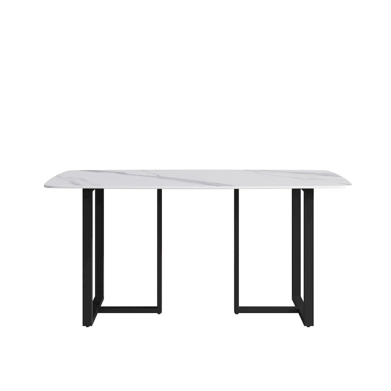 Tavolo da Pranzo Rettangolare in Pietra Sintetizzata Bianca, Base in Acciaio Nero, Posti a Sedere 4–6, 160 cm