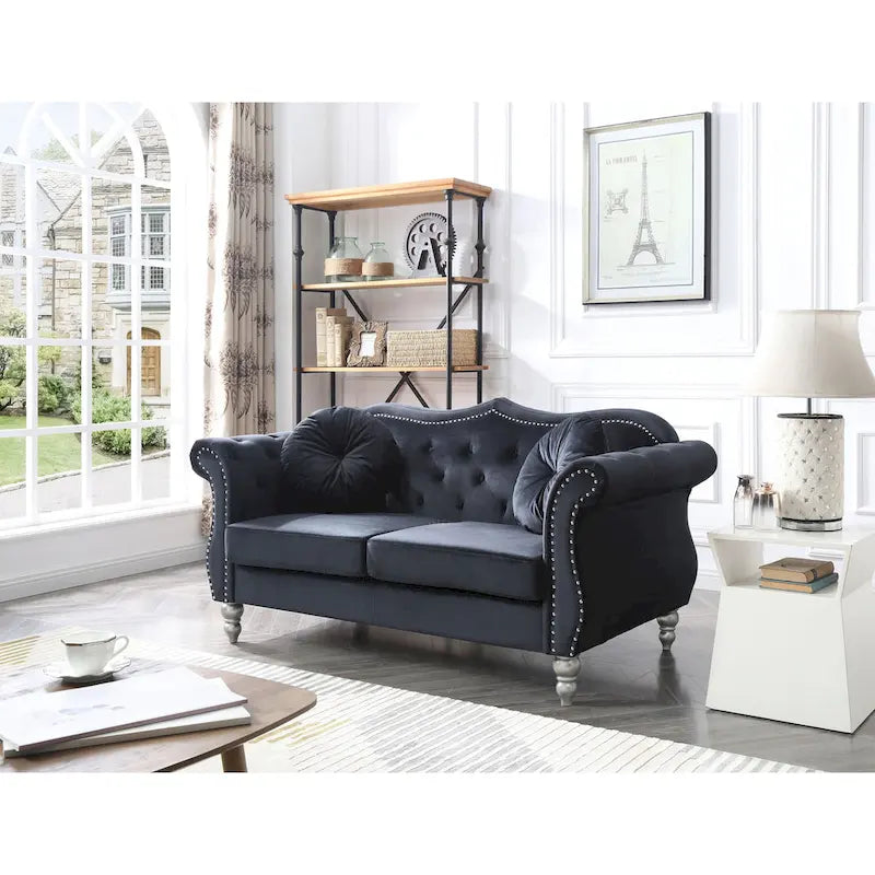 Divanetto in velluto, borchie decorative, capitonné, 2 posti – Avorio / Blu Navy / Grigio Scuro / Verde / Nero / Borgogna / Rosa