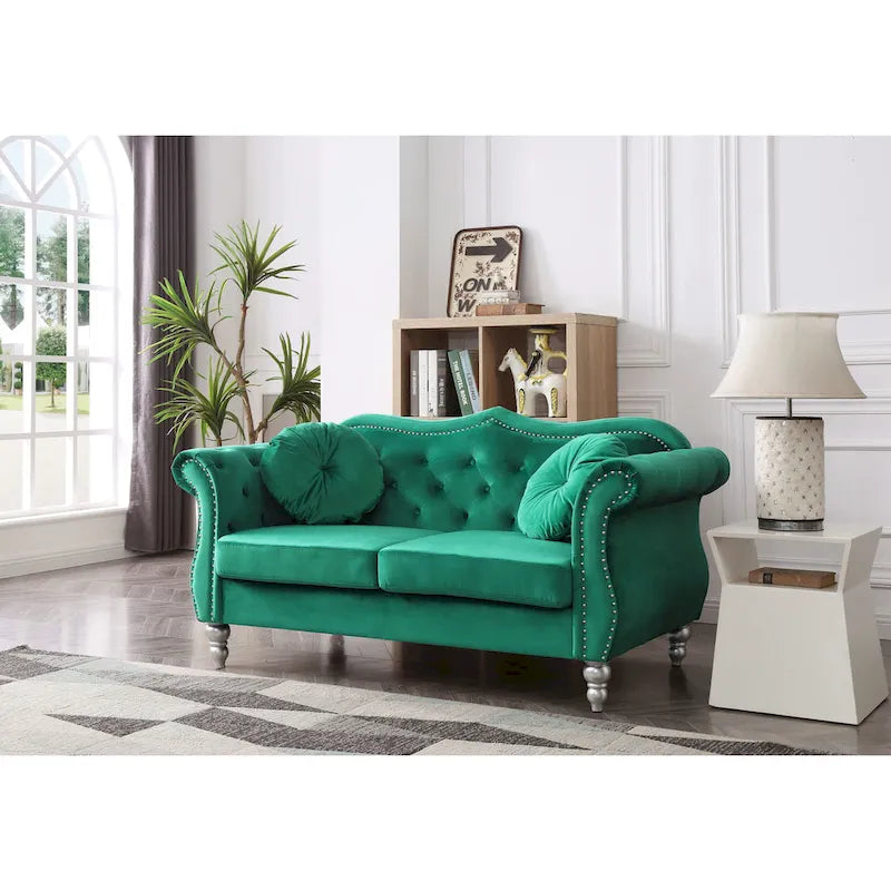 Divanetto in velluto, borchie decorative, capitonné, 2 posti – Avorio / Blu Navy / Grigio Scuro / Verde / Nero / Borgogna / Rosa