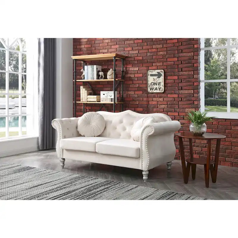 Divanetto in velluto, borchie decorative, capitonné, 2 posti – Avorio / Blu Navy / Grigio Scuro / Verde / Nero / Borgogna / Rosa