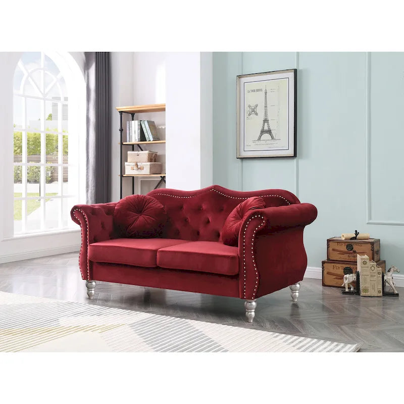 Divanetto in velluto, borchie decorative, capitonné, 2 posti – Avorio / Blu Navy / Grigio Scuro / Verde / Nero / Borgogna / Rosa