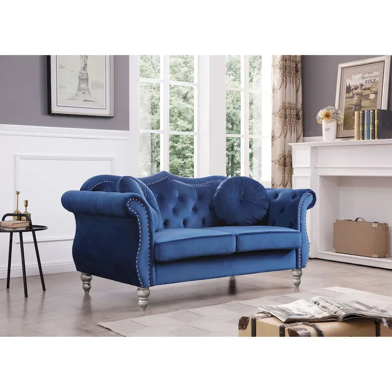 Divanetto in velluto, borchie decorative, capitonné, 2 posti – Avorio / Blu Navy / Grigio Scuro / Verde / Nero / Borgogna / Rosa