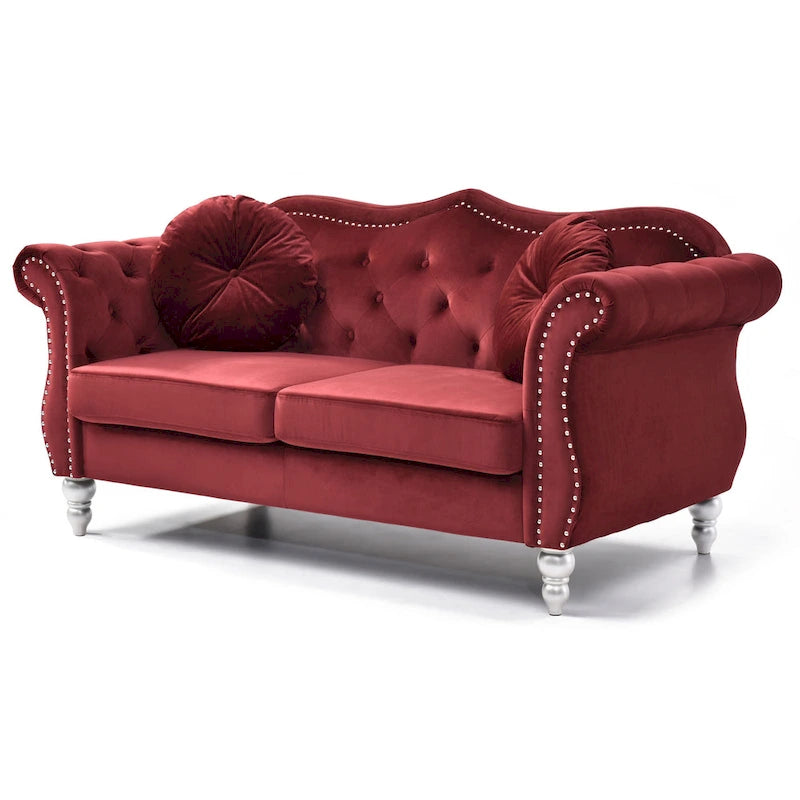 Divanetto in velluto, borchie decorative, capitonné, 2 posti – Avorio / Blu Navy / Grigio Scuro / Verde / Nero / Borgogna / Rosa